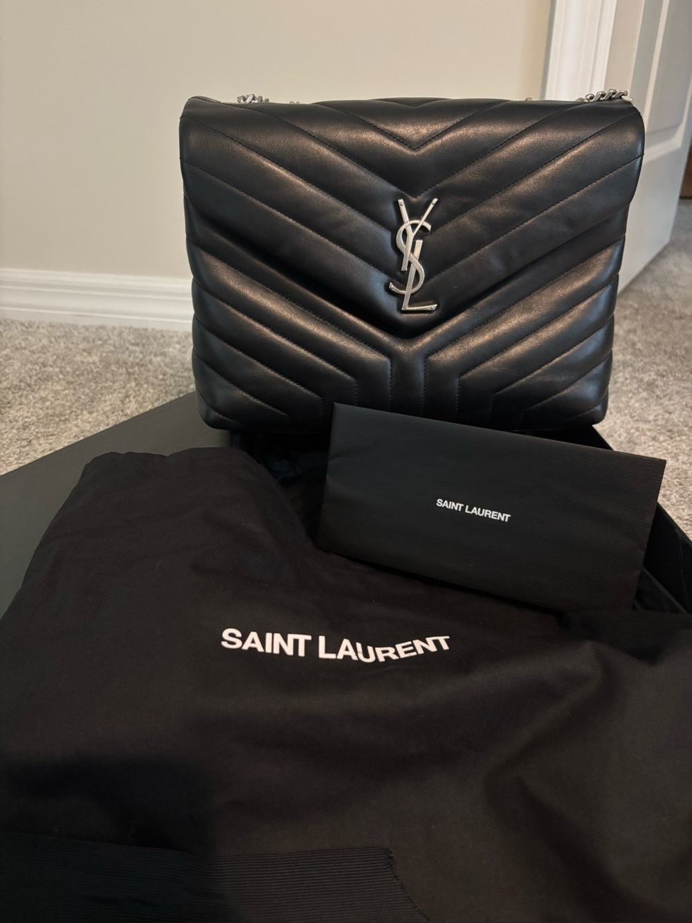 Saint Laurent Black Quilted Chevron Leather Crossbody Bag with Silver YSL